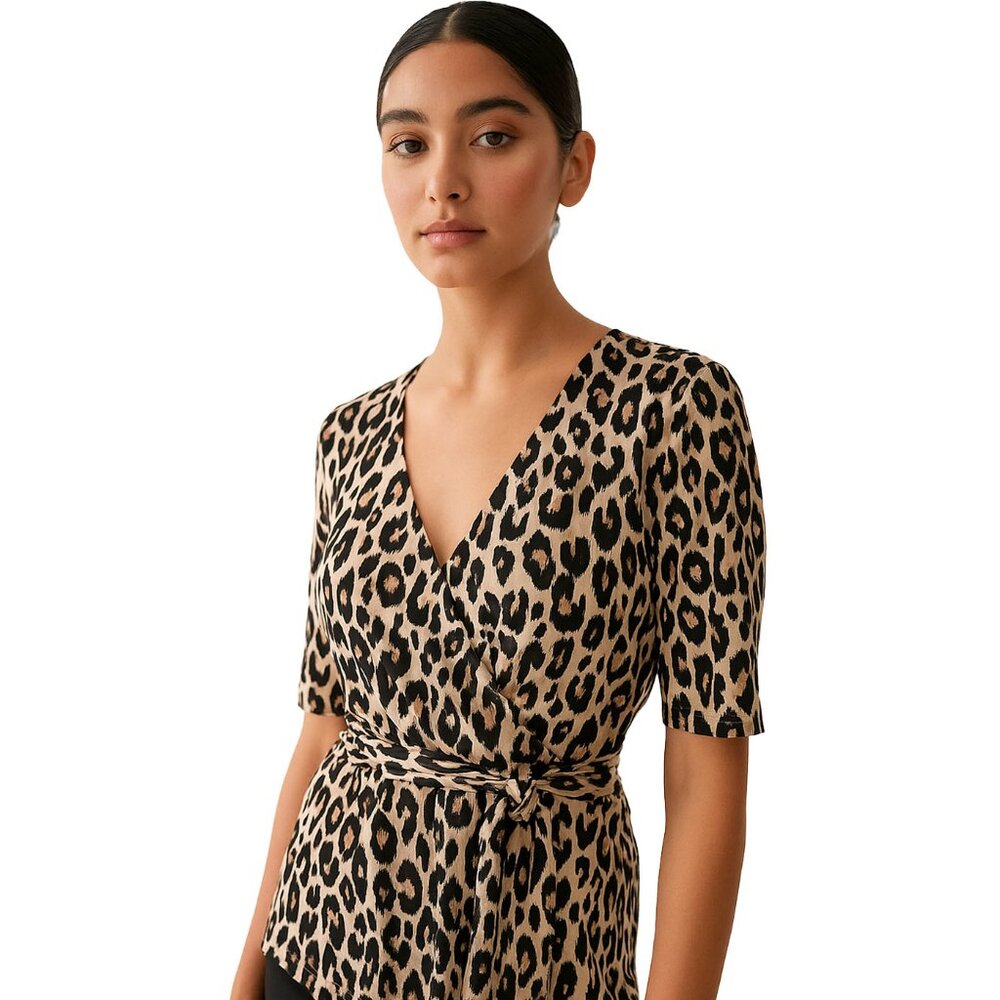 Leopard Print Wrap Top – Chic Tie-Waist Blouse – Animal Print V-Neck Top